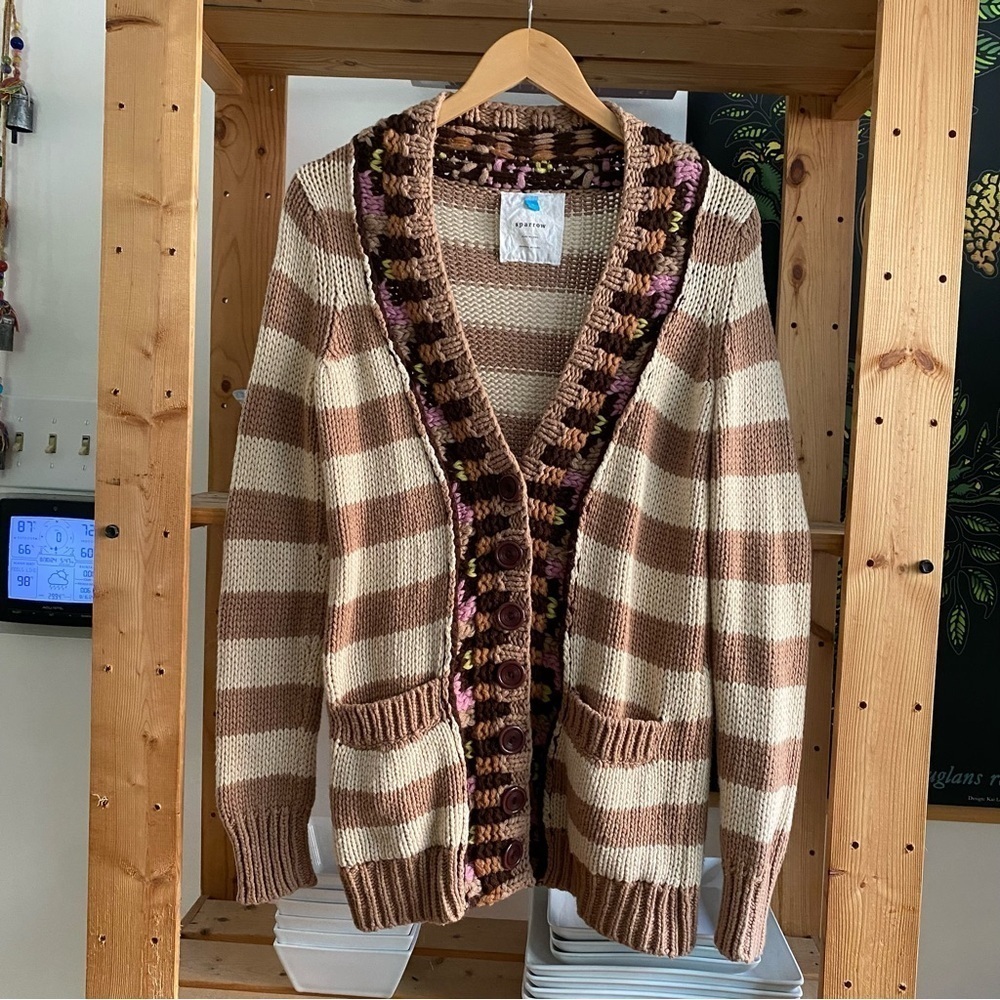 Anthropologie Sparrow Tan Stripe Hopi Basketweave Knit Cardigan Sweater Small - Picture 2 of 15